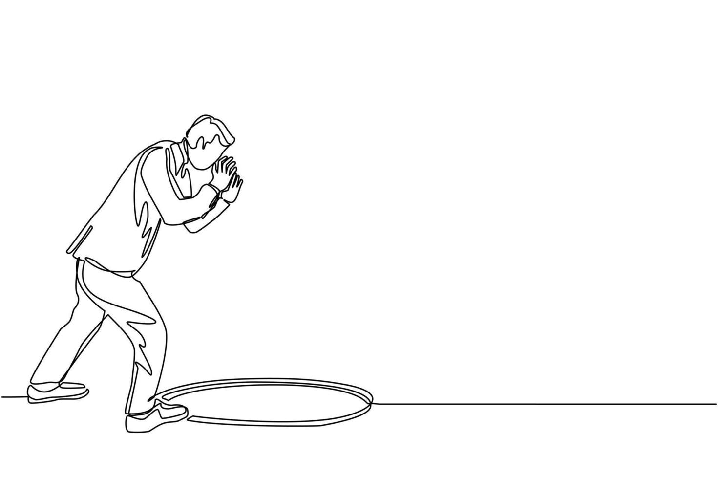 Single one line drawing businessman scream into pit hole. Man wondering and looking at big hole, business concept in opportunity, exploration or challenge. Modern continuous line draw design vector