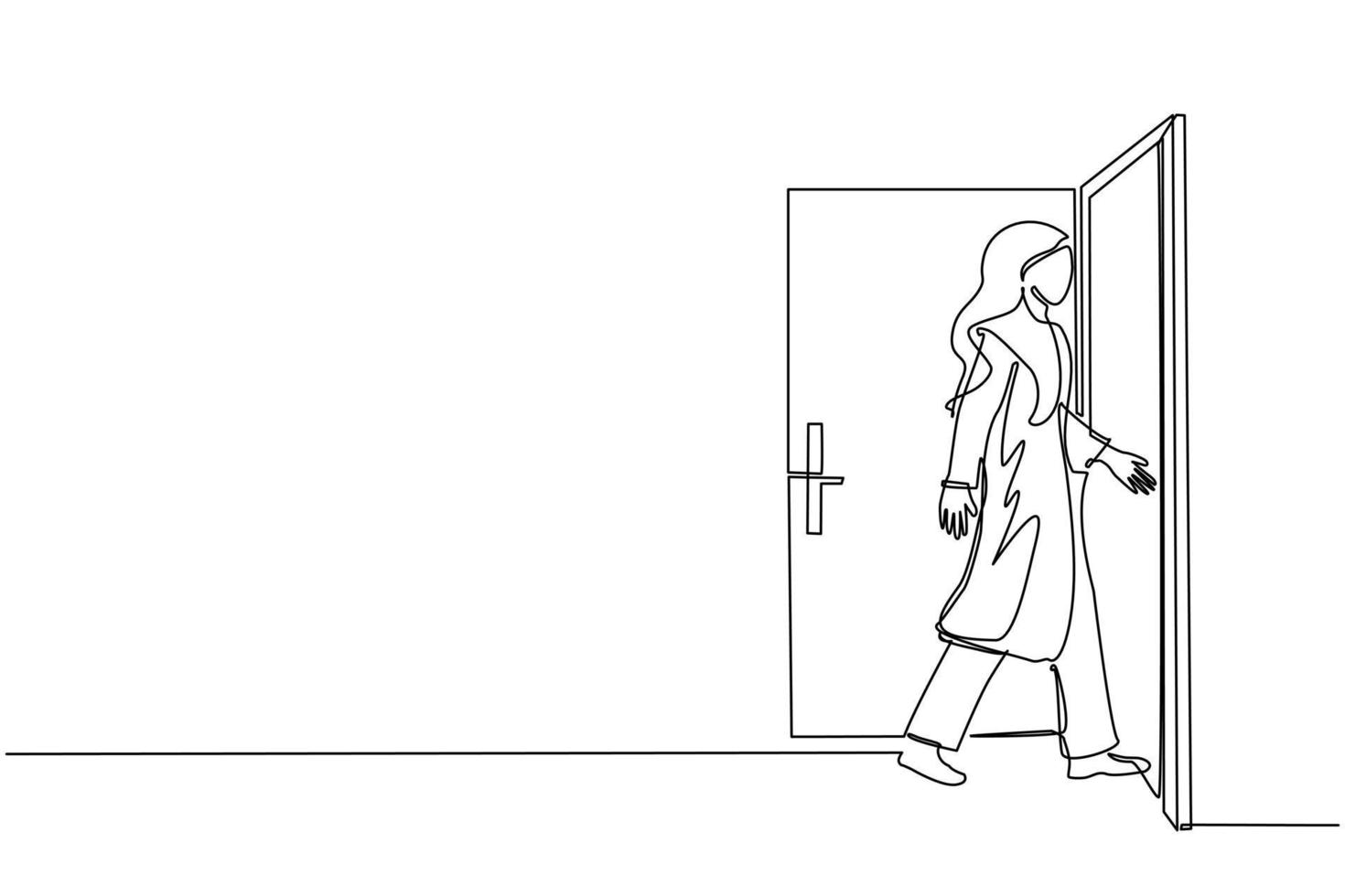 una mujer de negocios árabe de dibujo continuo entra en la habitación por la puerta. mujer caminando hacia la puerta abierta. comenzando un nuevo día en la oficina. concepto de negocio. ilustración de vector de diseño de dibujo de una sola línea