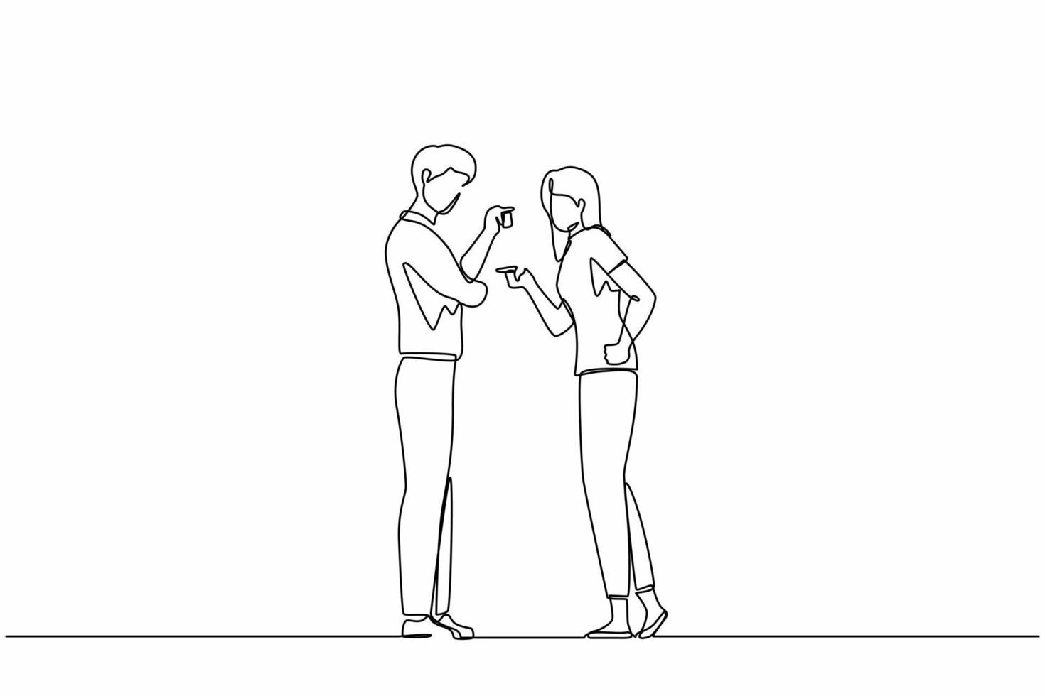 Continuous one line drawing angry aggressive couple man husband woman wife yelling and quarrelling together. Furious dispute discussion or disagreement. Single line design vector graphic illustration