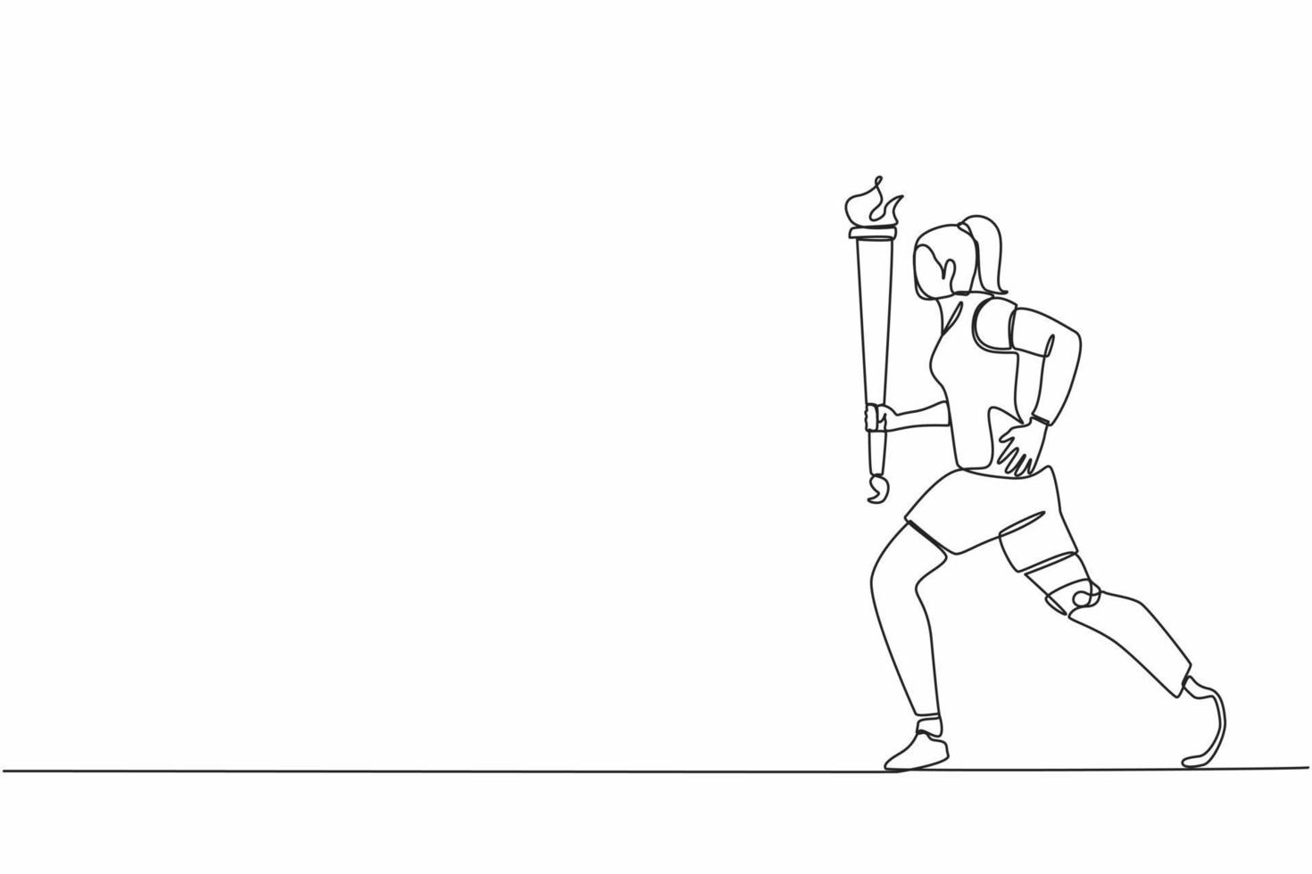 dibujo de una sola línea atleta joven con pierna protésica sosteniendo antorcha. deportista con discapacidad que participa en la ceremonia de apertura del torneo deportivo. vector gráfico de diseño de línea continua