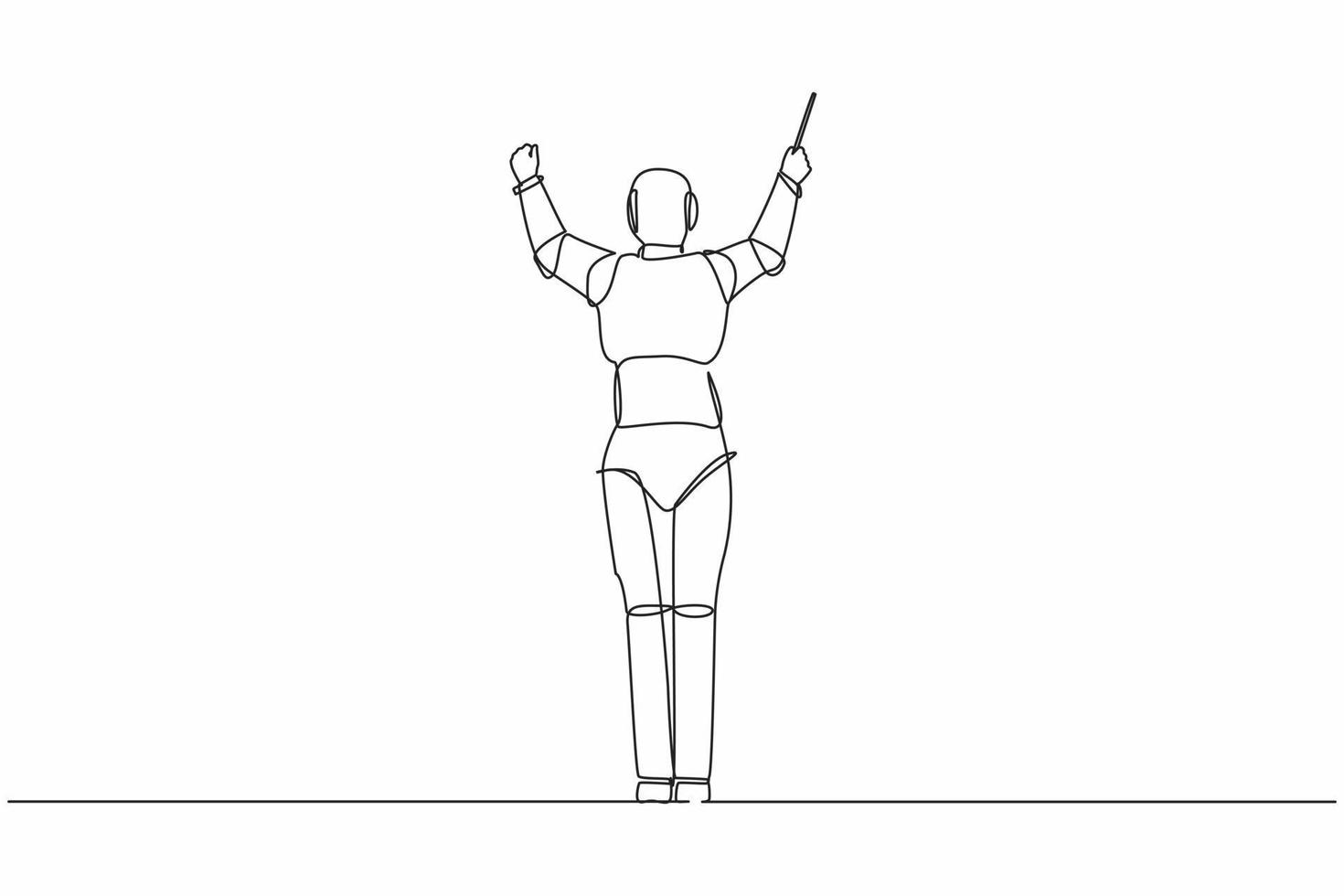 Continuous one line drawing back view of robot conductor performing on stage, directing symphony orchestra. Humanoid robot cybernetic organism. Single line draw design vector graphic illustration