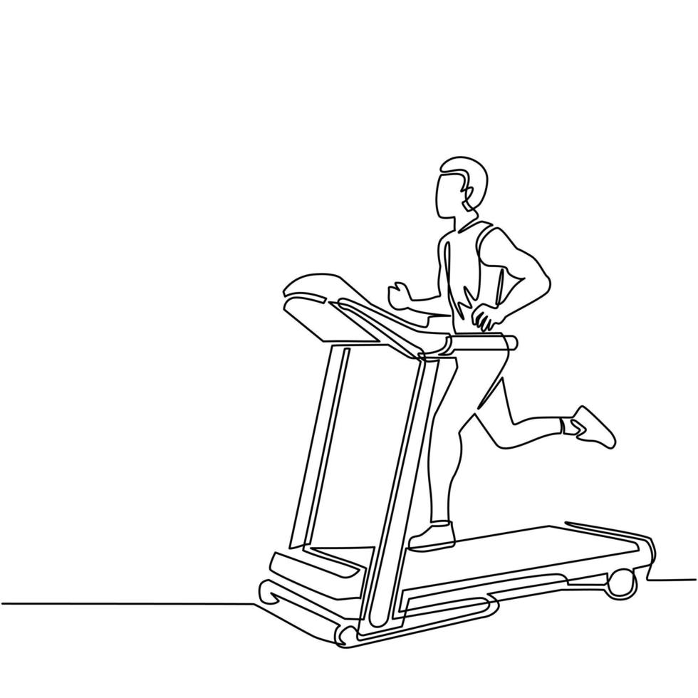 Single one line drawing man running on motorized treadmill. Sportive man on electric training machine cartoon character. Fitness club, gym tool. Continuous line draw design graphic vector illustration