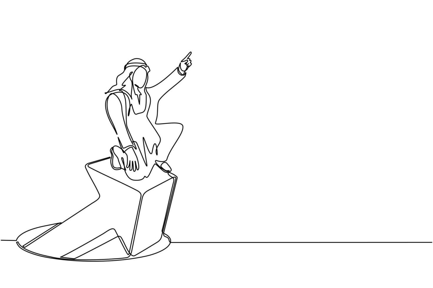 Single continuous line drawing Arabian businessman standing on arrows coming out of holes. Man leading financial graph rising from hole. Business growth concept. One line draw graphic design vector