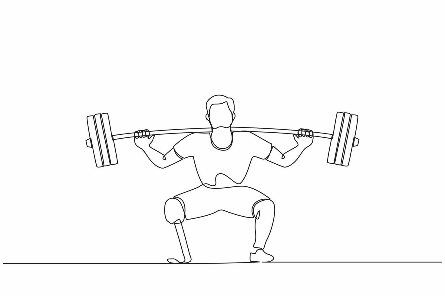 Single one line drawing disabled man weightlifter with amputated legs. Athletic weightlifting workout with barbell muscles sport strongman beautiful body fitness. Continuous line design graphic vector