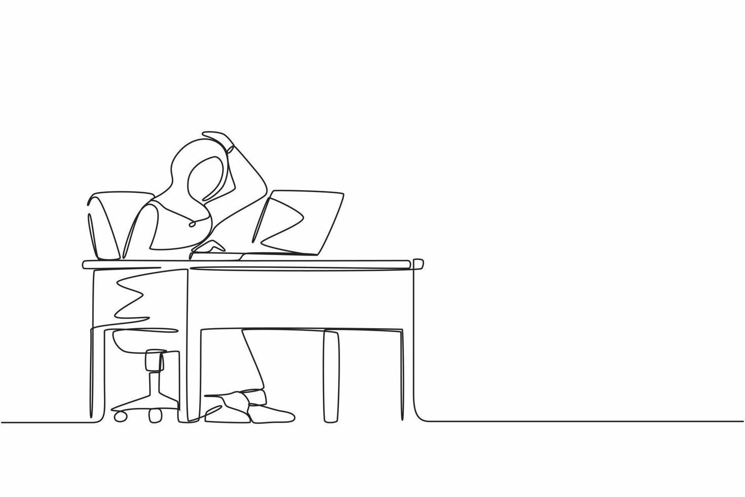 Single one line drawing female manager working on computer laptop. Arab woman with question mark over head scratches back of her head sitting in front of laptop. Continuous line design graphic vector