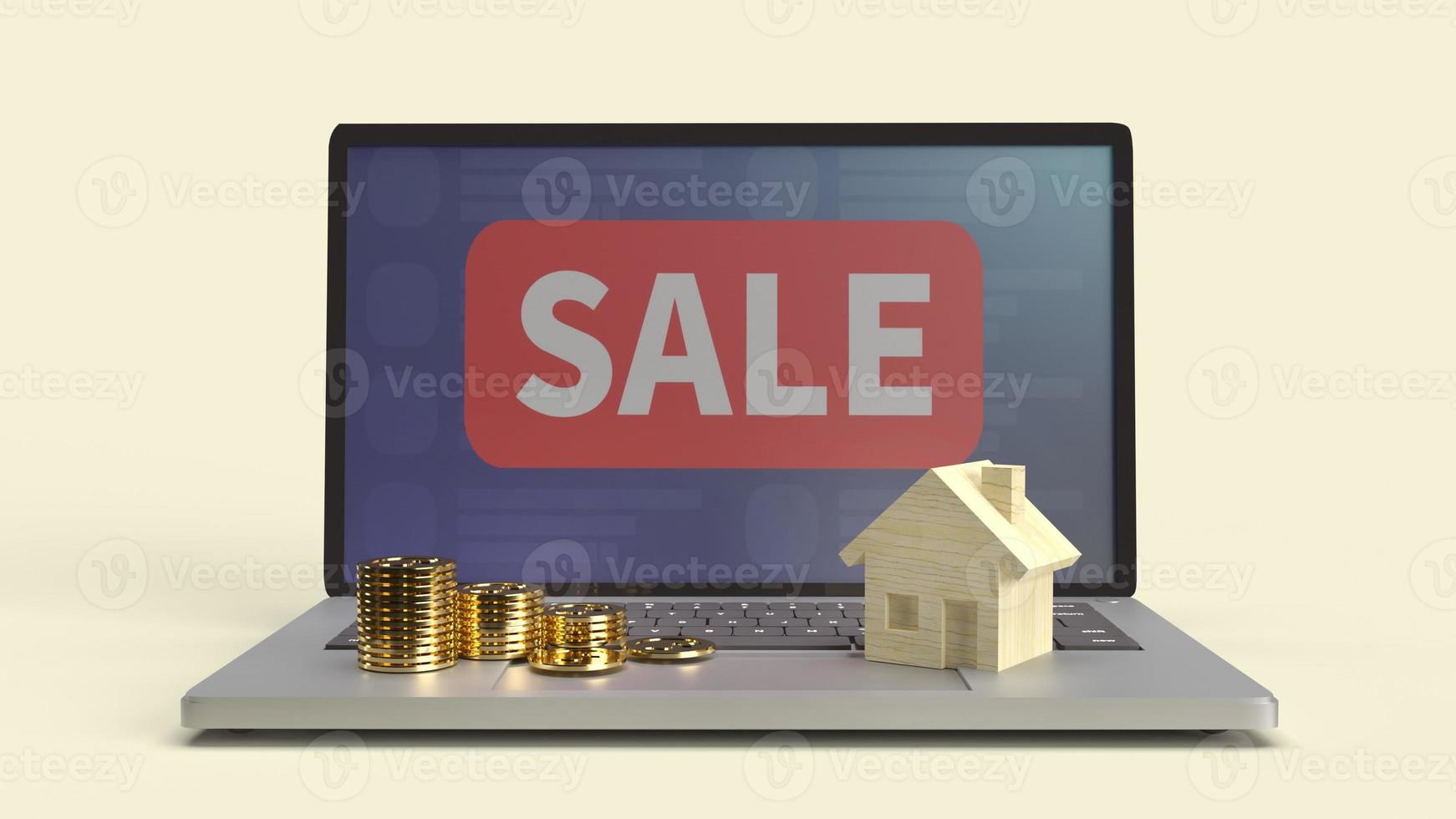 home wood on laptop and gold coin 3d rendering for property content. photo
