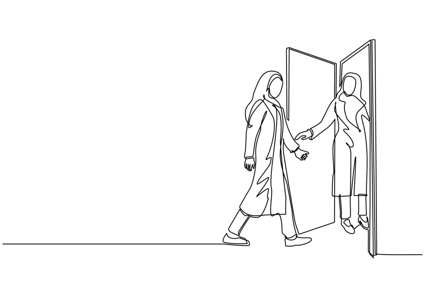 dibujo de una línea continua mujer de negocios árabe en la puerta le da la bienvenida a su amiga. la mujer está invitando a su amiga a entrar en su casa. concepto de hospitalidad. ilustración de vector de diseño de dibujo de una sola línea