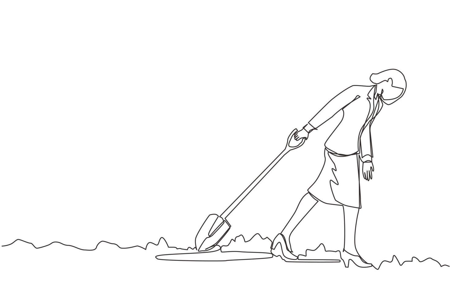 Continuous one line drawing businesswoman walking unsteadily leaving hole dug dragging shovel. Woman digs in tunnel trying to get to goal. She gave up, stopped trying. Single line draw design vector