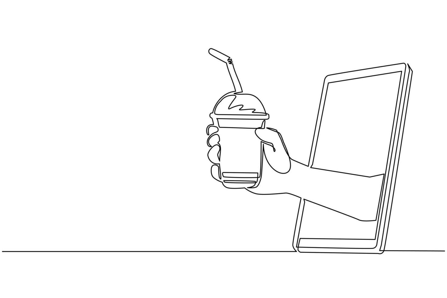 Single one line drawing hand holding bubble tea cup with straw through mobile phone. Concept of cafe drink order delivery online food. Application for smartphones. Continuous line draw design vector