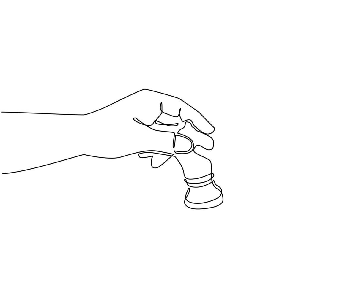 Continuous one line drawing player hand holds chess knight. Human hand holding chess knight piece for unpredictable, business strategy, strategic move concept. Single line design vector illustration