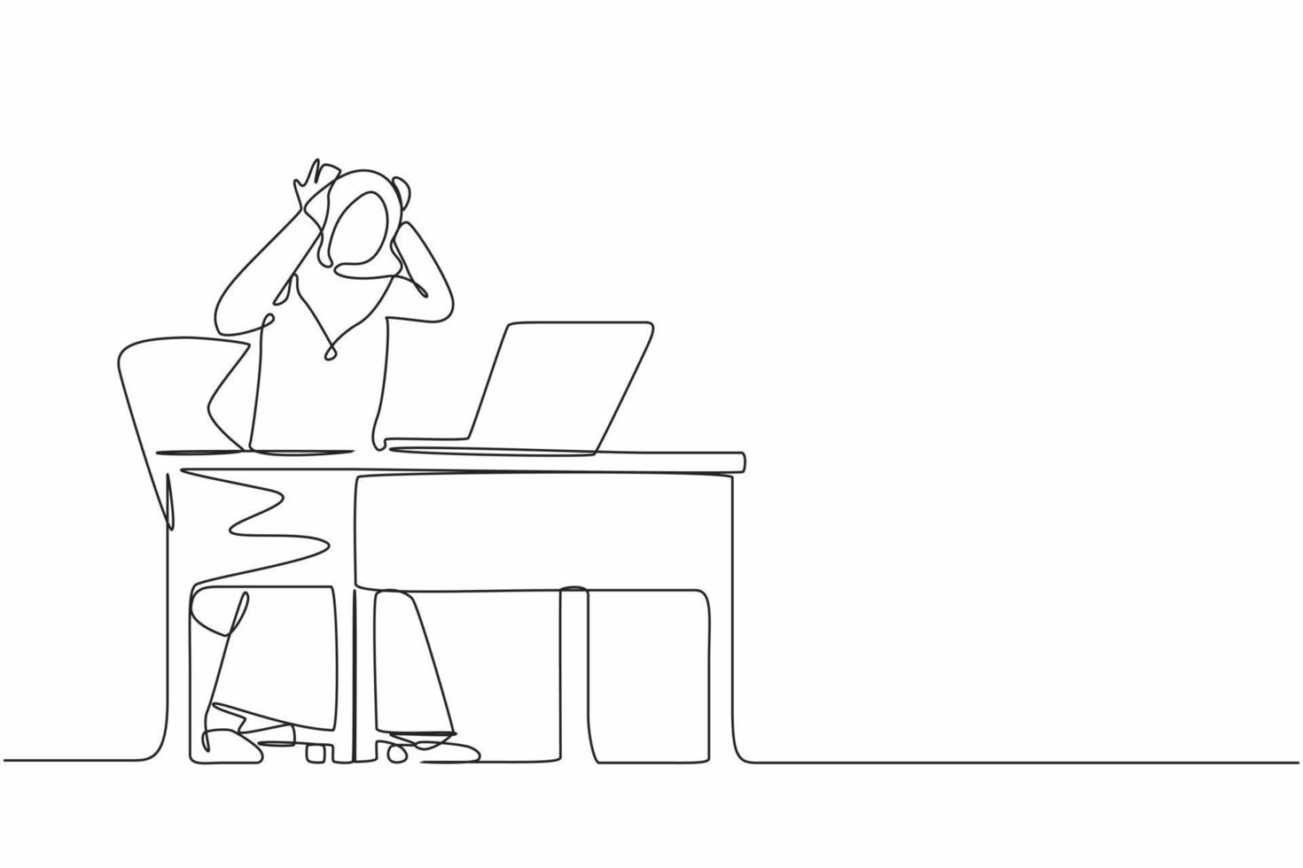 Single one line drawing scary frustrated frightened Arab businesswoman clerk manager stands at laptop, holding head. Office overload, mental stress. Continuous line design graphic vector illustration