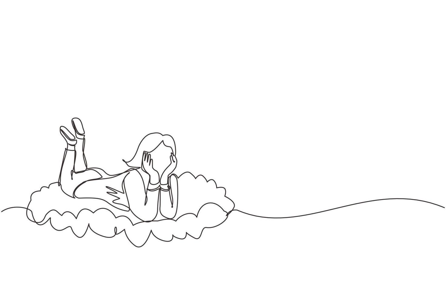 Single one line drawing dreamer. Businesswoman lay on the clouds and dreaming or thinking something about new business. Woman lying on cloud. Continuous line draw design graphic vector illustration