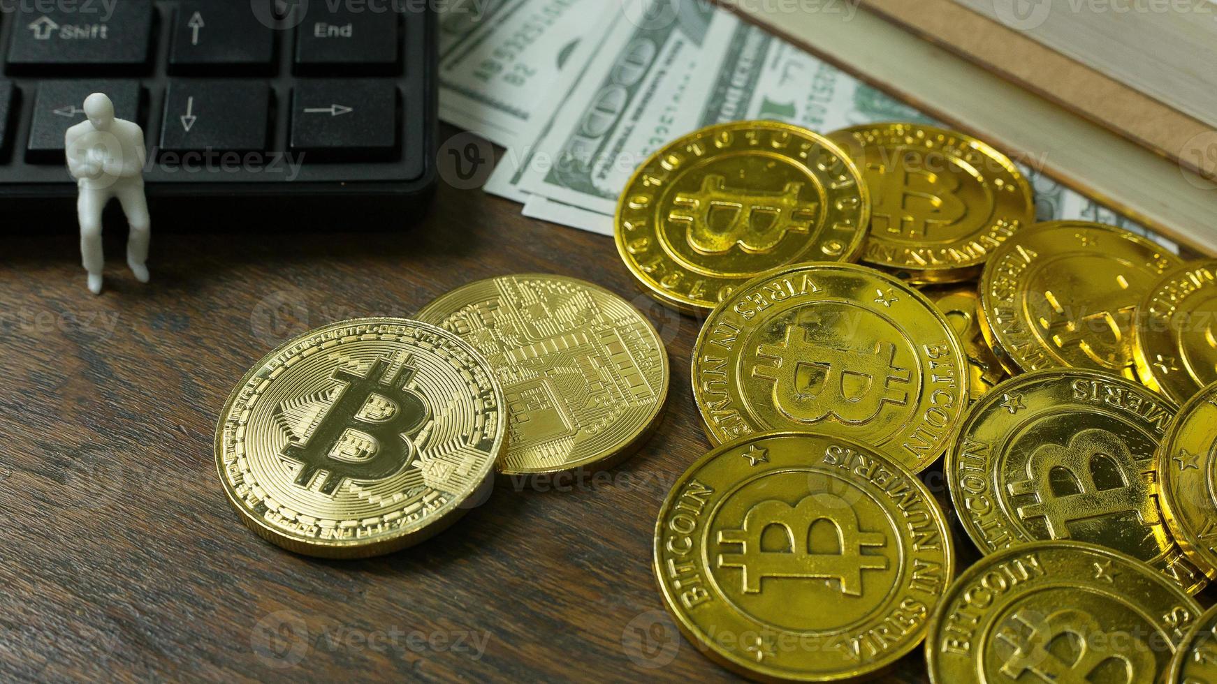 white miniature and gold coin bitcoin abstract image close up background. photo