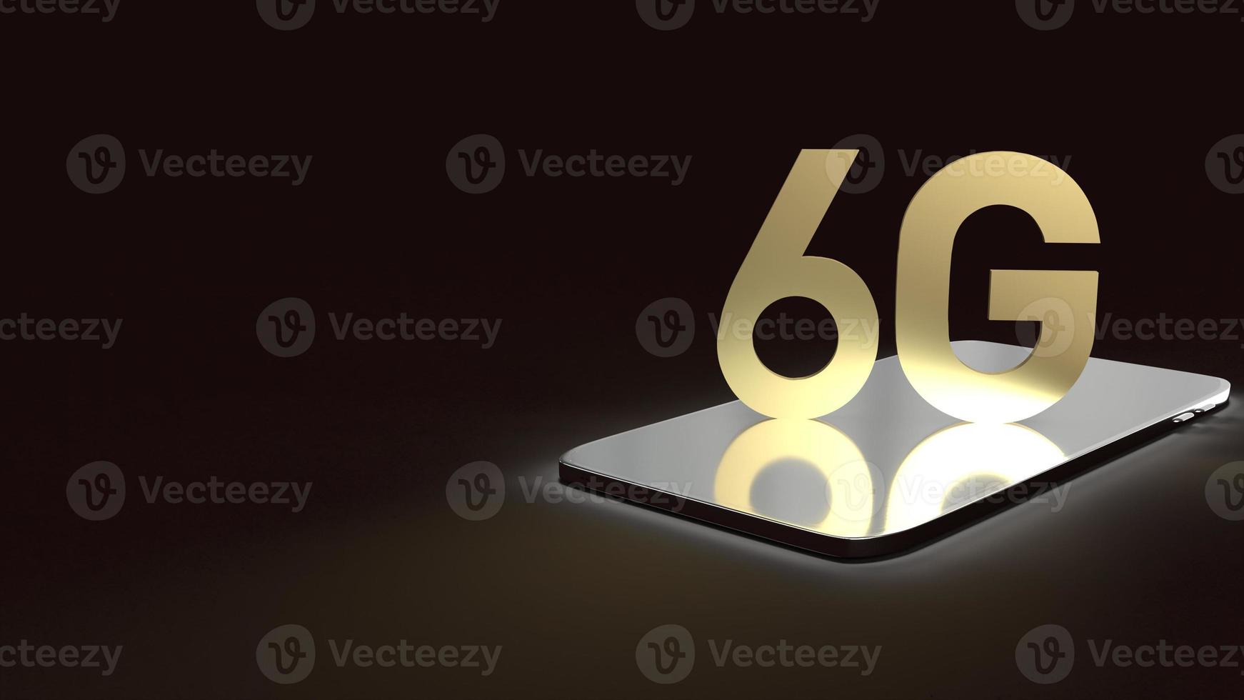 3d rendering 6g text gold surface glow on smartphone  in dark image for mobile technology content. photo