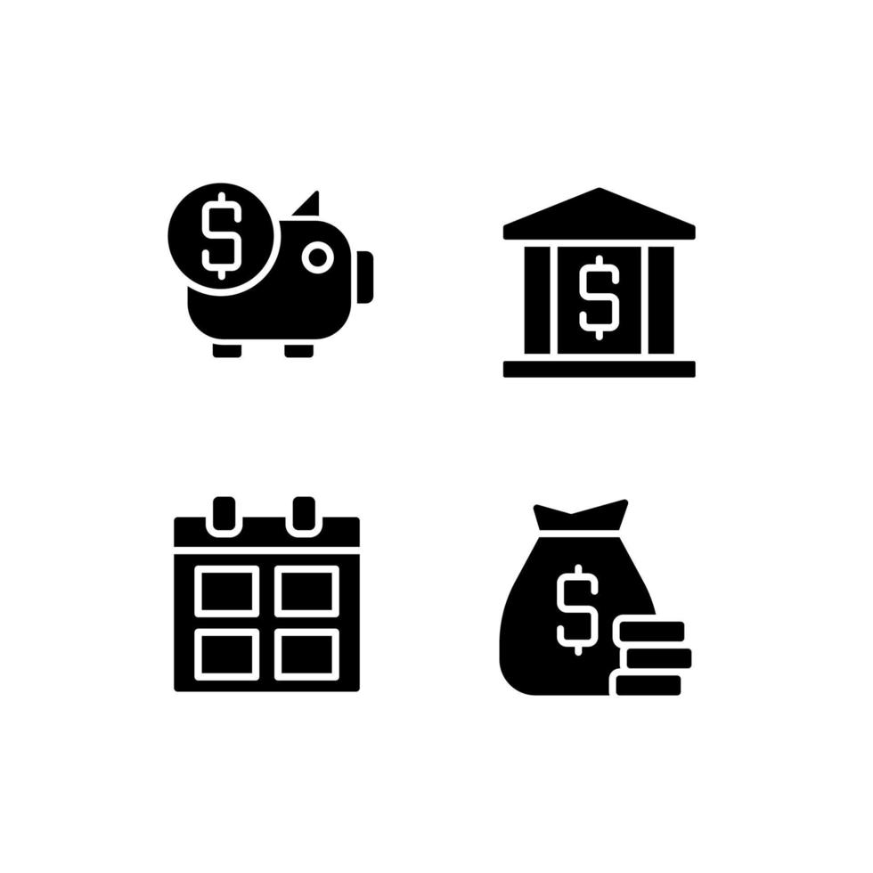 Business and finance black glyph icons set on white space. Regular payments. Corporate expenditures. Investment. Silhouette symbols. Solid pictogram pack. Vector isolated illustration