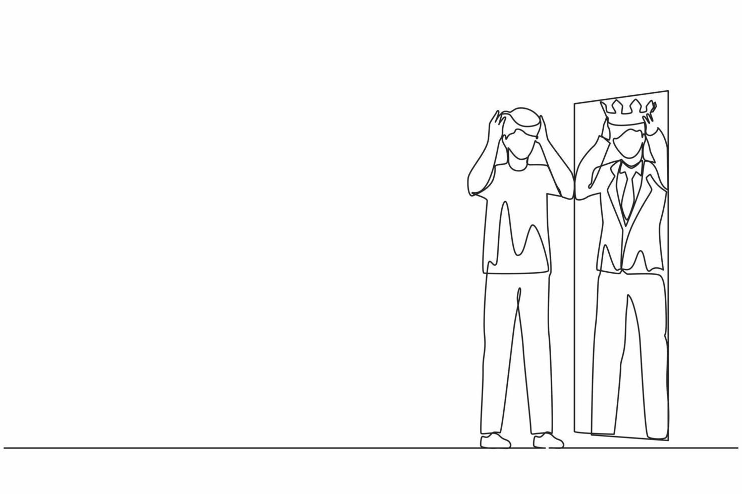 Single one line drawing narcissistic businessman looking at mirror and seeing in reflection of himself with crown on his head. Person overestimate, self confidence. Continuous line draw design vector