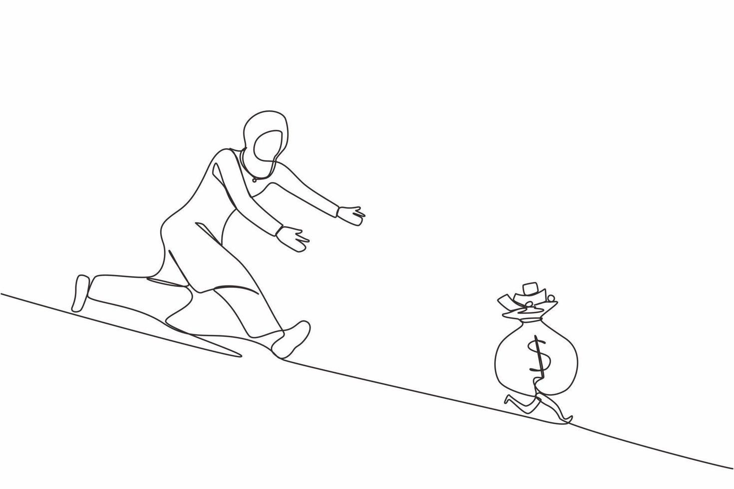 Single continuous line drawing Arabian businesswoman chasing money bag dollar run away. Concept of achieving goals and profits, striving for success, running for money. One line graphic design vector