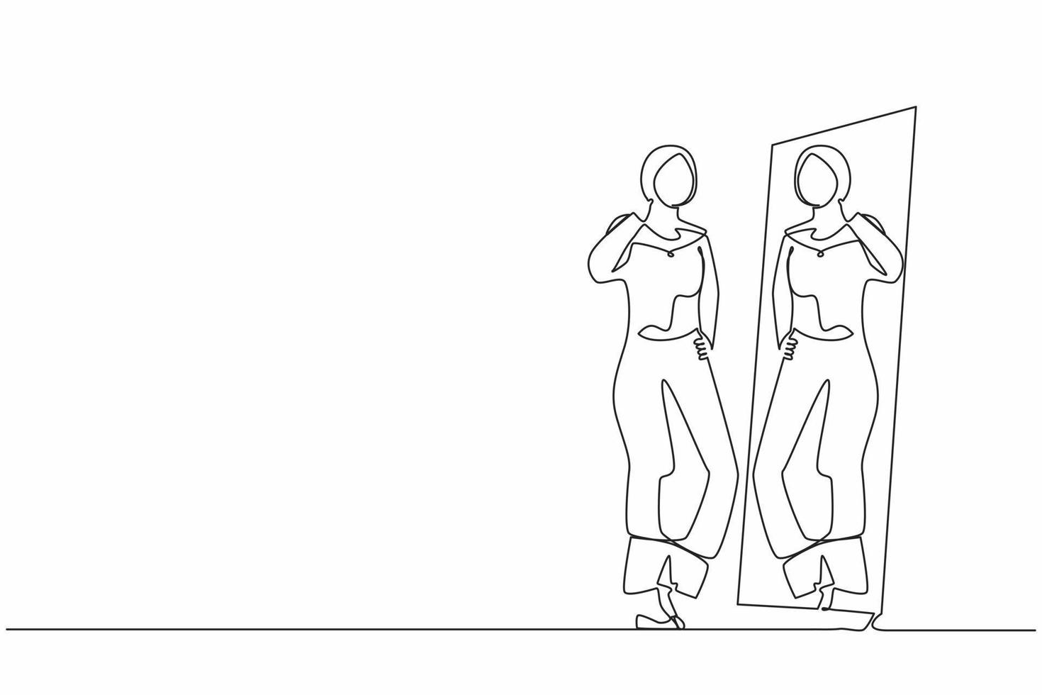 Single continuous line drawing Arab businesswoman choosing hijab for business meeting. Woman trying on clothes at home. Girl with style. Mirror with female reflection. One line graphic design vector