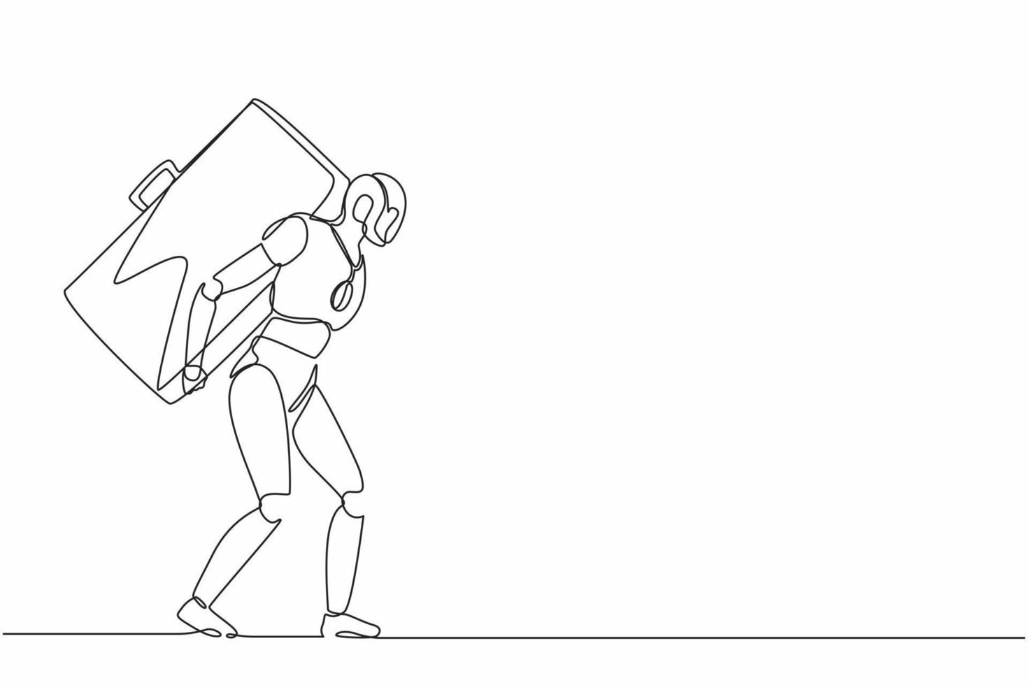 Continuous one line drawing robots standing and carrying heavy huge briefcase. Humanoid robot cybernetic organism. Future robotics development concept. Single line design vector graphic illustration