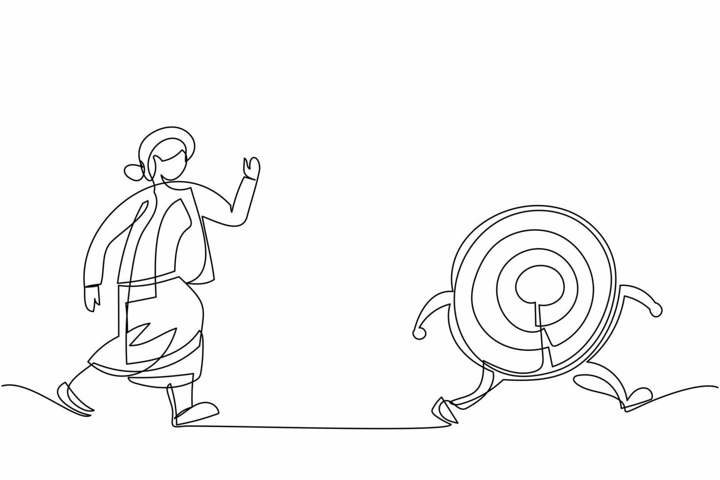 Continuous one line drawing businesswoman run chasing try to catch big dart target. Office worker running after her career goal. Business metaphor. Single line draw design vector graphic illustration