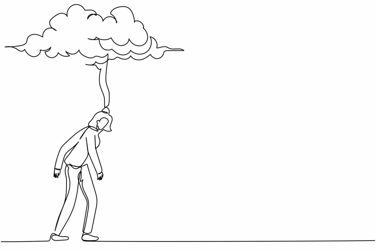 Single continuous line drawing depressed businesswoman in stress walking under rain cloud. Unhappy female manager depression cause failed in business. One line draw graphic design vector illustration