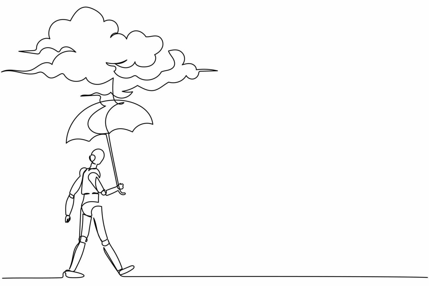 Continuous one line drawing robot walking with umbrella under rain cloud. Failed in business. Humanoid robot cybernetic organism. Robotic development. Single line design vector graphic illustration