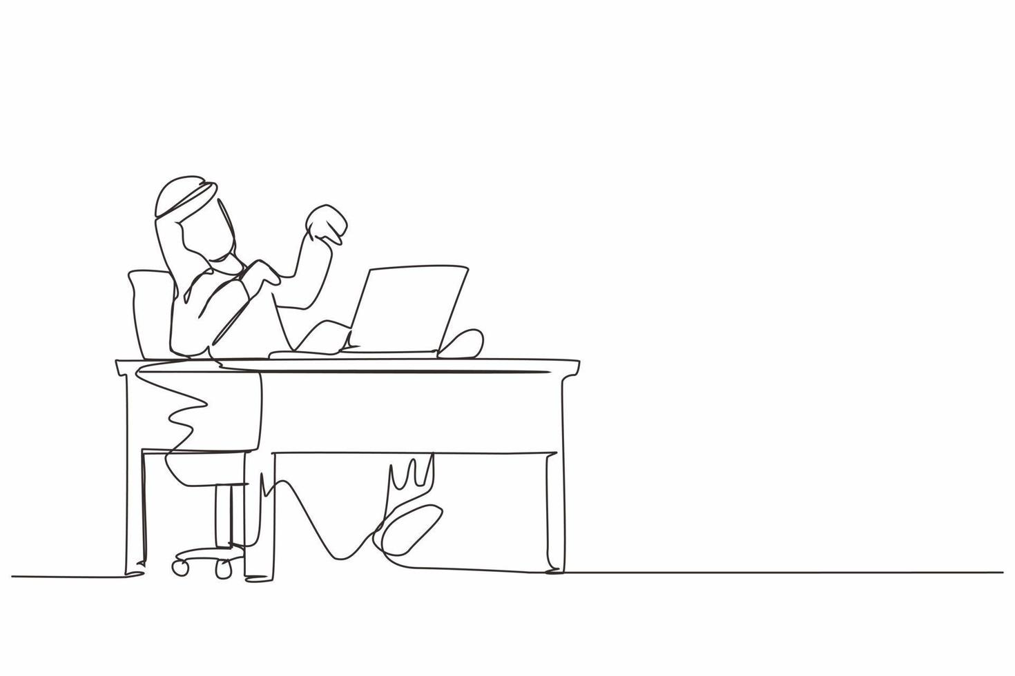 Single continuous line drawing Arabian businessman laughing out loud while pointing his finger at laptop. Happiness, business success, win, leader, development concept. One line graphic design vector