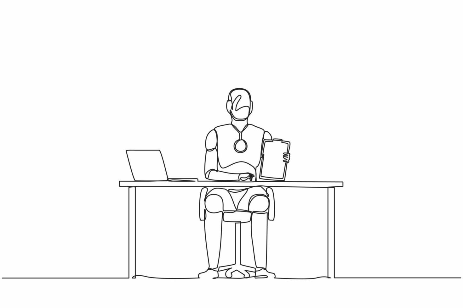 Continuous one line drawing robots sitting near office desk and showing clipboard. Humanoid robot cybernetic organism. Future robotics development concept. Single line draw design vector illustration