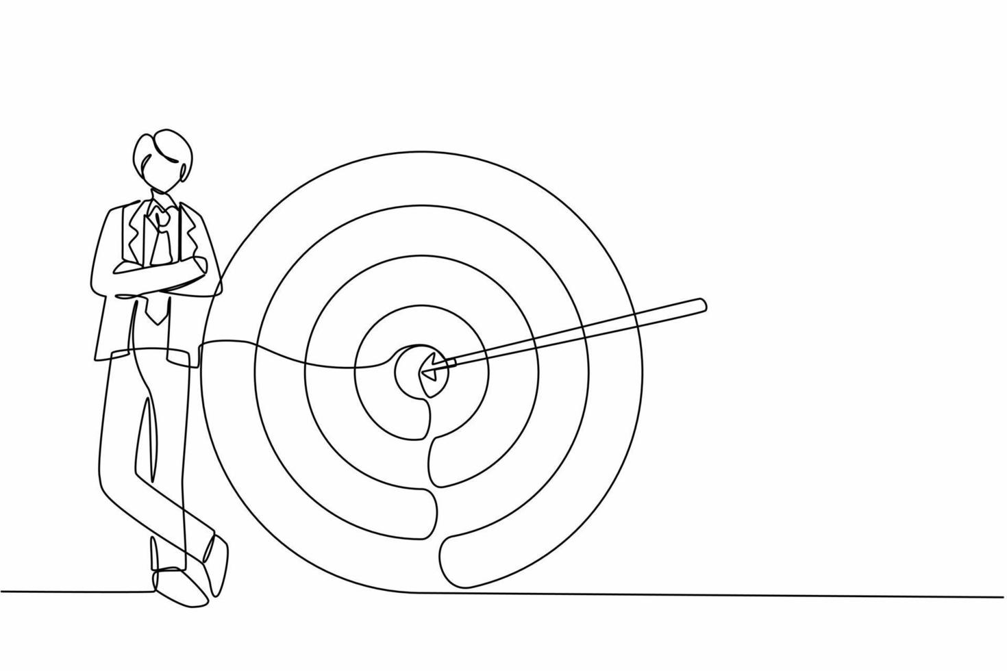 Single continuous line drawing happy businessman or manager is standing near target. Arrow hit target exactly. Making goals, successful business strategy. Dynamic one line draw graphic design vector