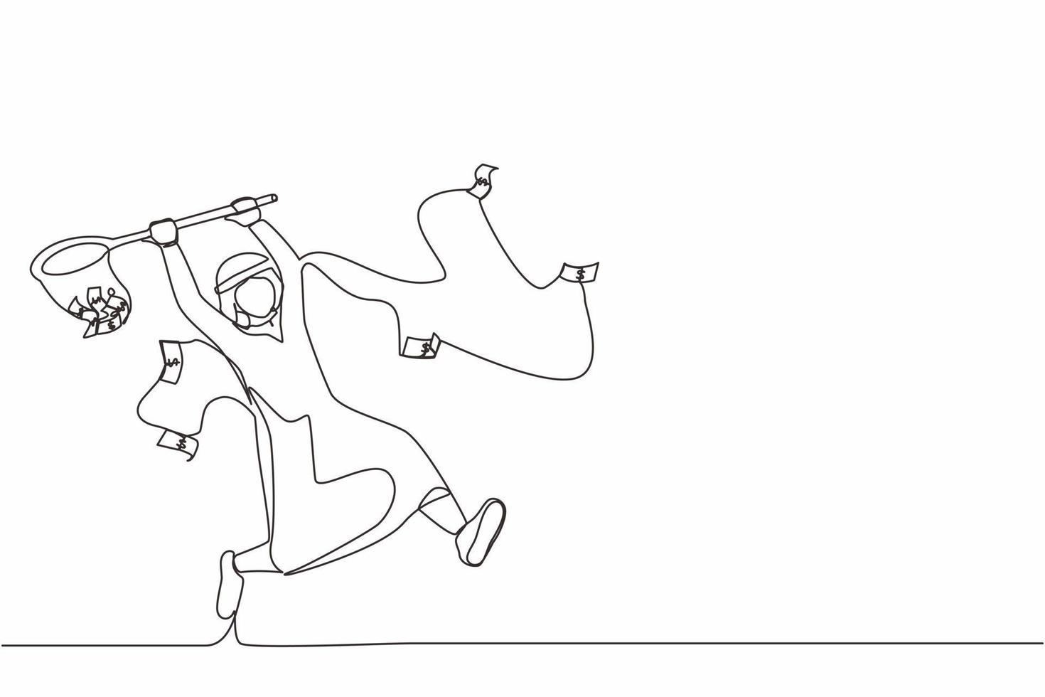 Continuous one line drawing Arab businessman trying to catch flying money with butterfly net. Running entrepreneur man using business opportunity to scoop dollar bills. Single line draw design vector