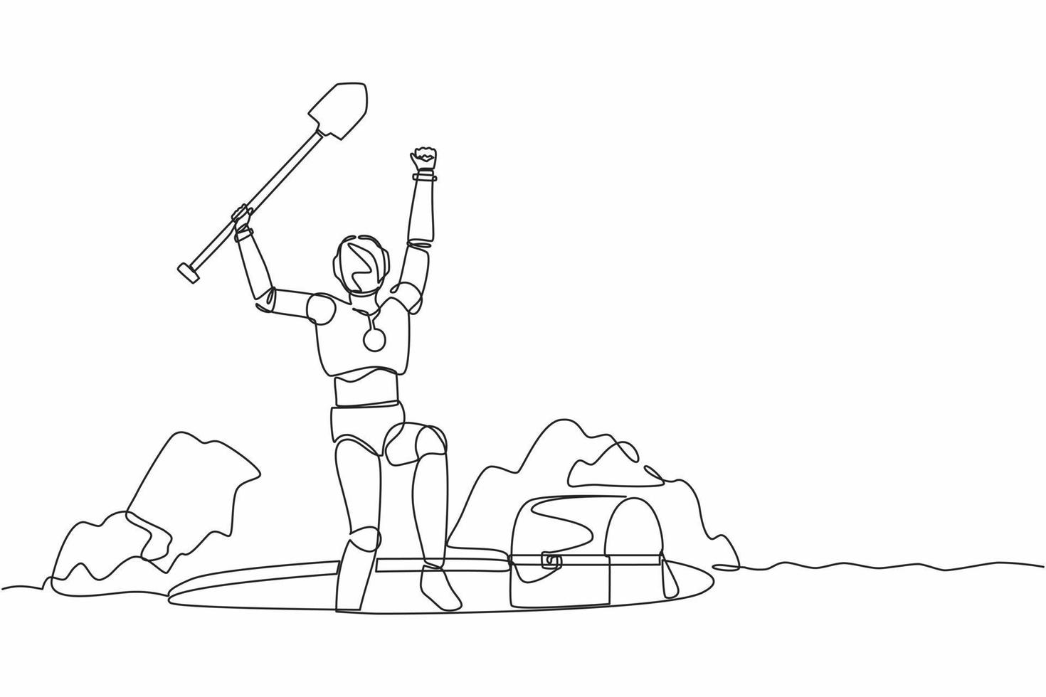 Continuous one line drawing happy robot lifting shovel and finding chest treasure. Humanoid robot cybernetic organism. Future robotics development. Single line draw design vector graphic illustration