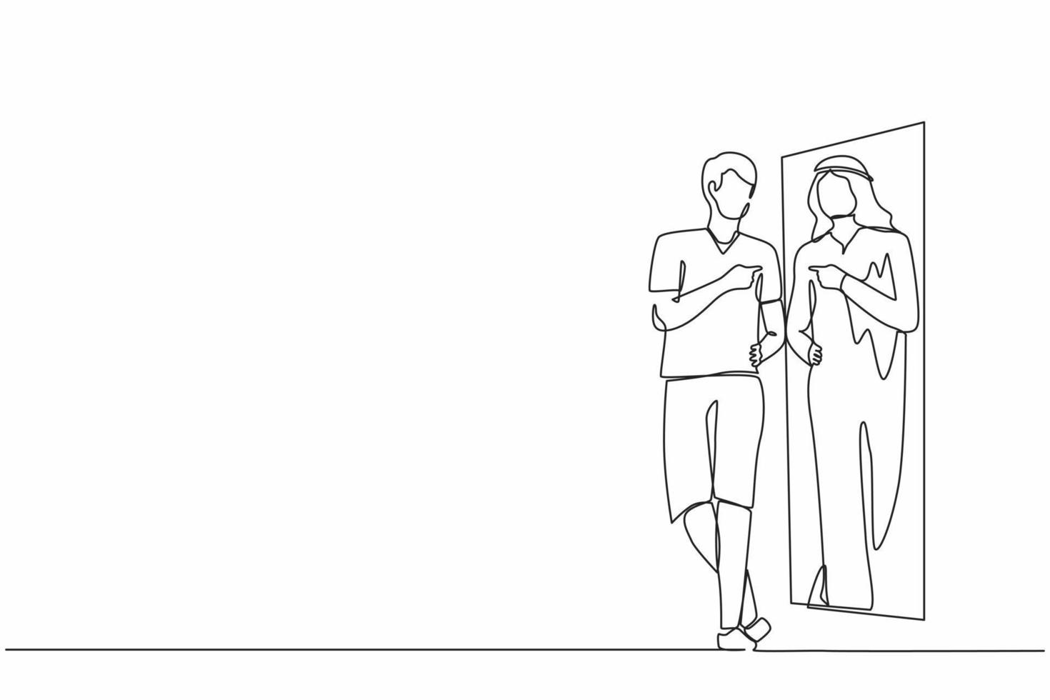 Continuous one line drawing man looking in mirror see himself as successful Arab businessman wearing expensive Arabian clothes. Poor man dream to become wealthy person. Single line draw design vector
