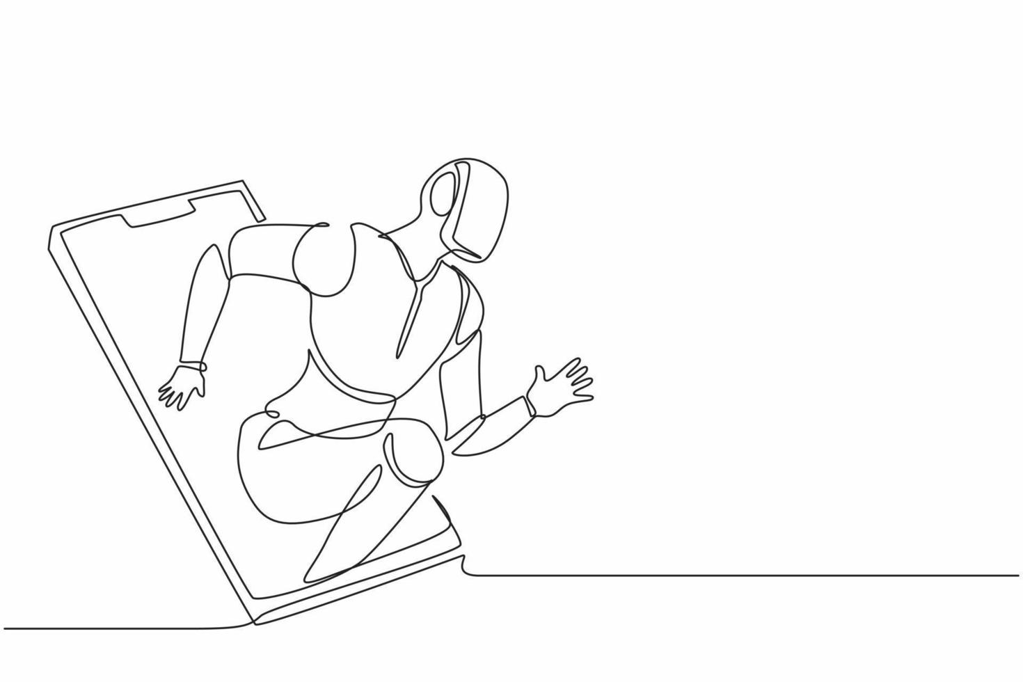 Single continuous line drawing robots come out from cellular phone with runner pose. Modern robotics artificial intelligence technology. Electronic technology industry. One line graphic design vector