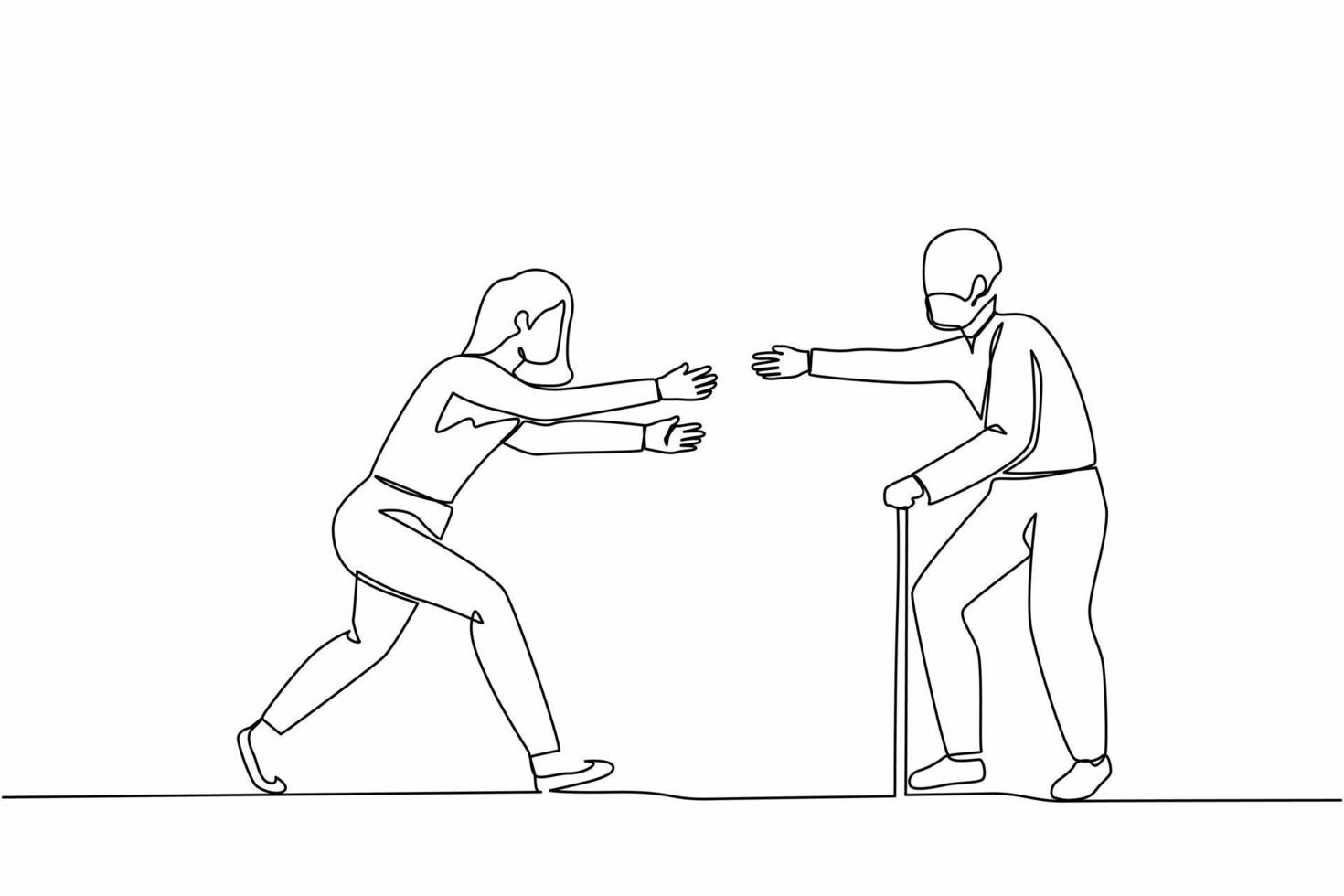 Single one line drawing happy woman running to meet grandfather. Vacation at grandparents home. Father, senior male, retired, summertime, holiday. Continuous line design graphic vector illustration