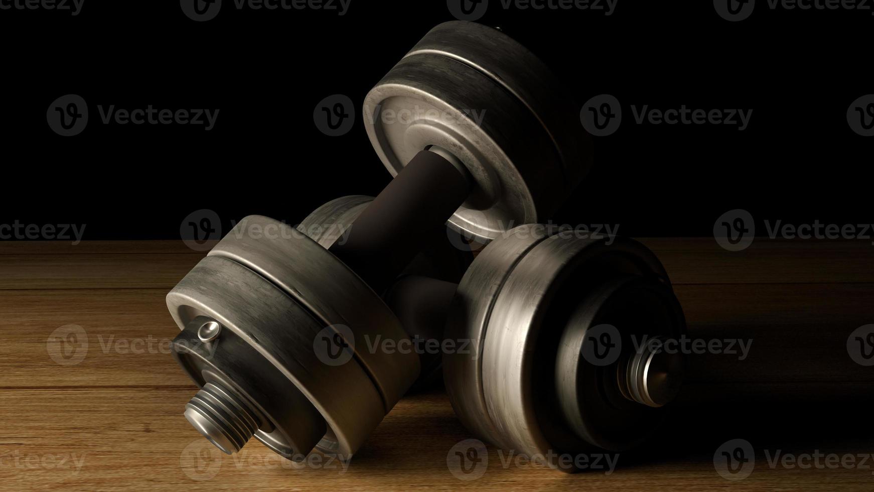 dumbbells  wood floor dark tone 3d rendering for fitnesses content. photo