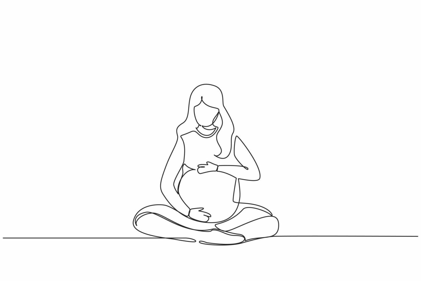 Continuous one line drawing happy young pregnant woman sitting with crossed legs at home and looking at her belly. Future mom expecting baby caressing her tummy. Single line draw design vector graphic
