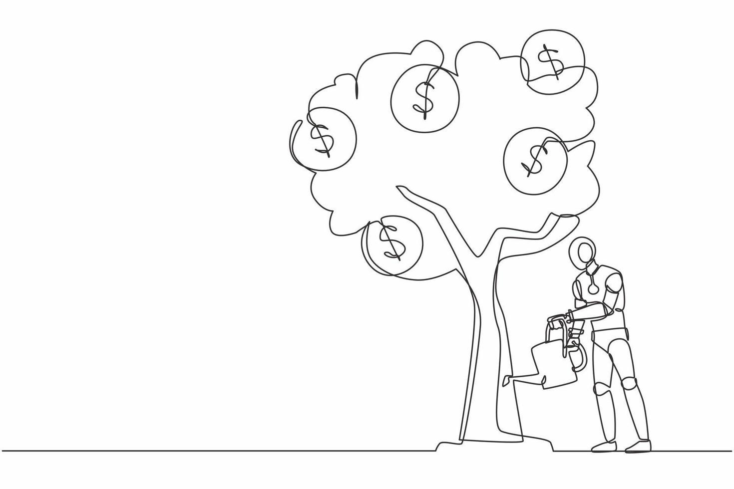 Single continuous line drawing robot watering tree with coins dollar symbol. Profit growth. Robotic artificial intelligence. Electronic technology. One line draw graphic design vector illustration