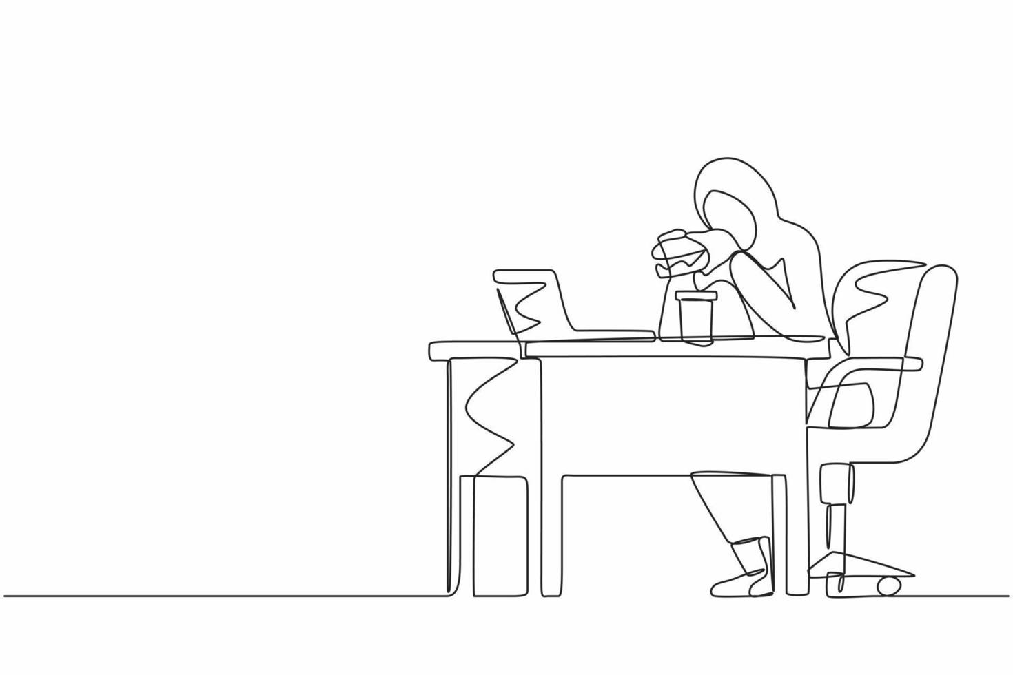 Continuous one line drawing fat obese Arab woman using laptop eating burger fast food unhealthy lifestyle concept overweight girl freelancer sitting at workplace full length. Single line design vector