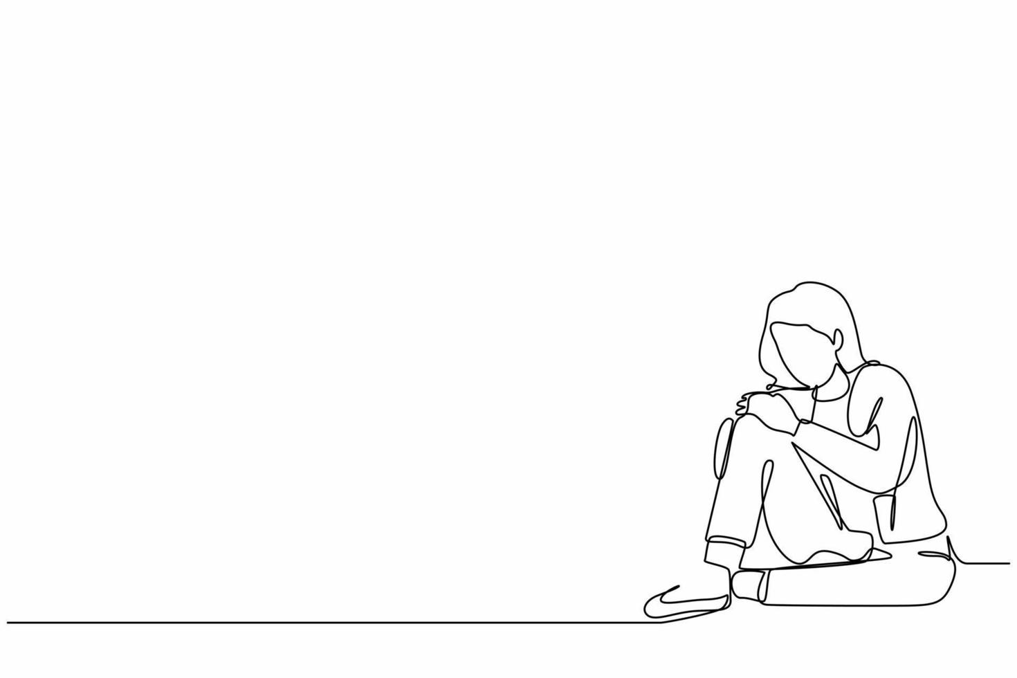 Single one line drawing very sad businesswoman sitting alone on the floor. Depressed young woman disorder, sad, sorrow, disappointment symptom. Continuous line draw design graphic vector illustration