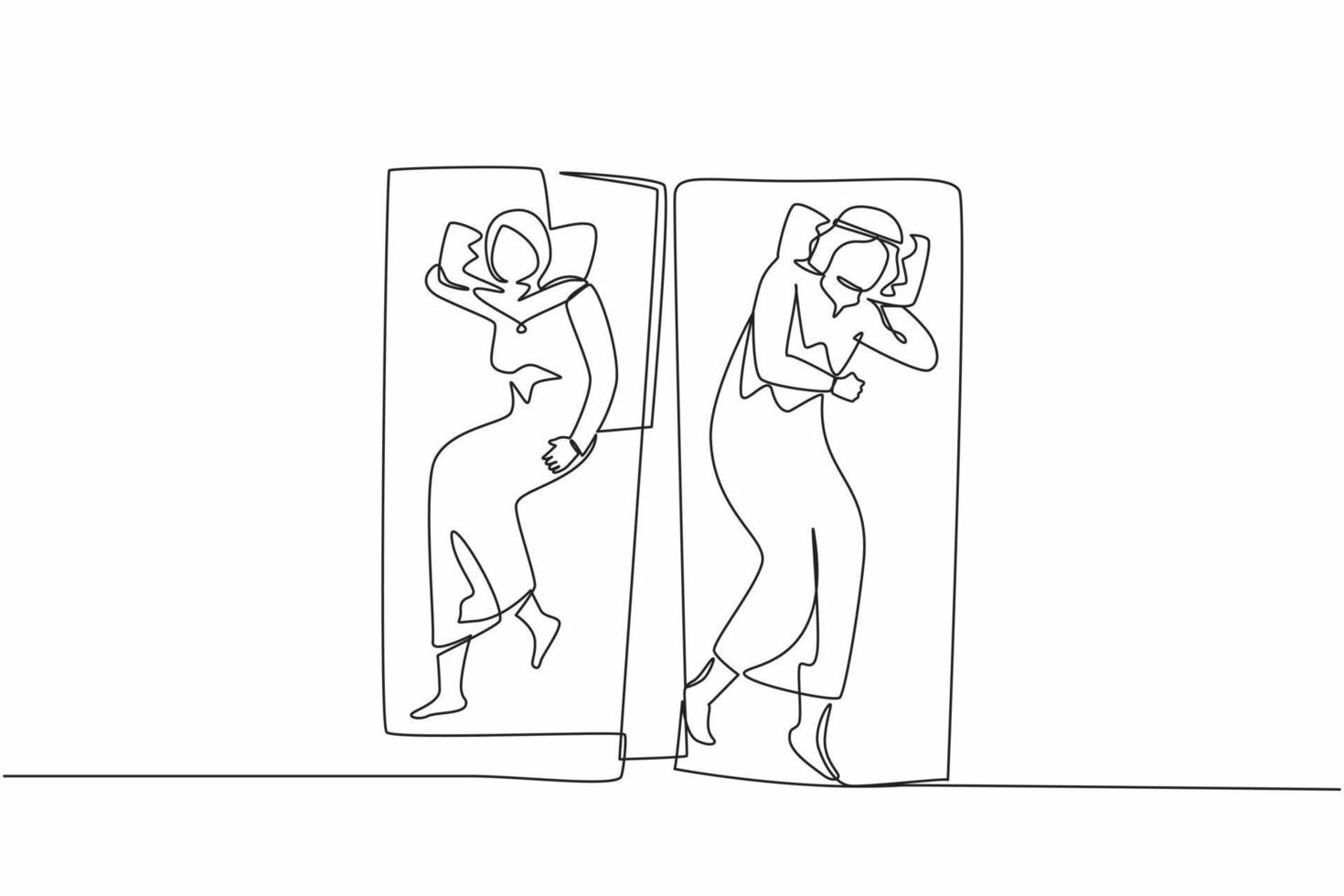 Single one line drawing Arab man and woman are sleeping on the bed, Obsessive couple thoughts. Sexual problems in couple, divorce, depression, insomnia. Continuous line draw design vector illustration