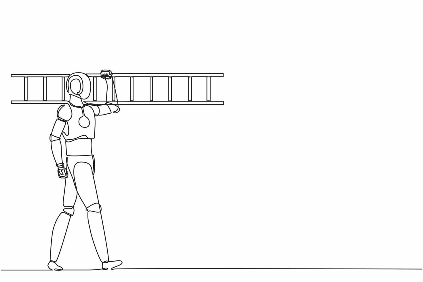 Single continuous line drawing robot repairman walking with ladder. Renovation home. Robotic artificial intelligence. Electronic technology industry. One line draw graphic design vector illustration