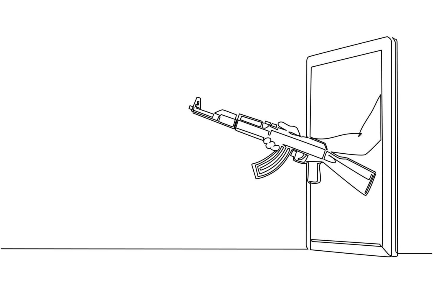 mano de dibujo de una sola línea sosteniendo un rifle de asalto kalashnikov ak 47 a través del teléfono móvil. concepto de videojuegos de batalla, e-sport, aplicación de entretenimiento para smartphones. vector de diseño de dibujo de línea continua