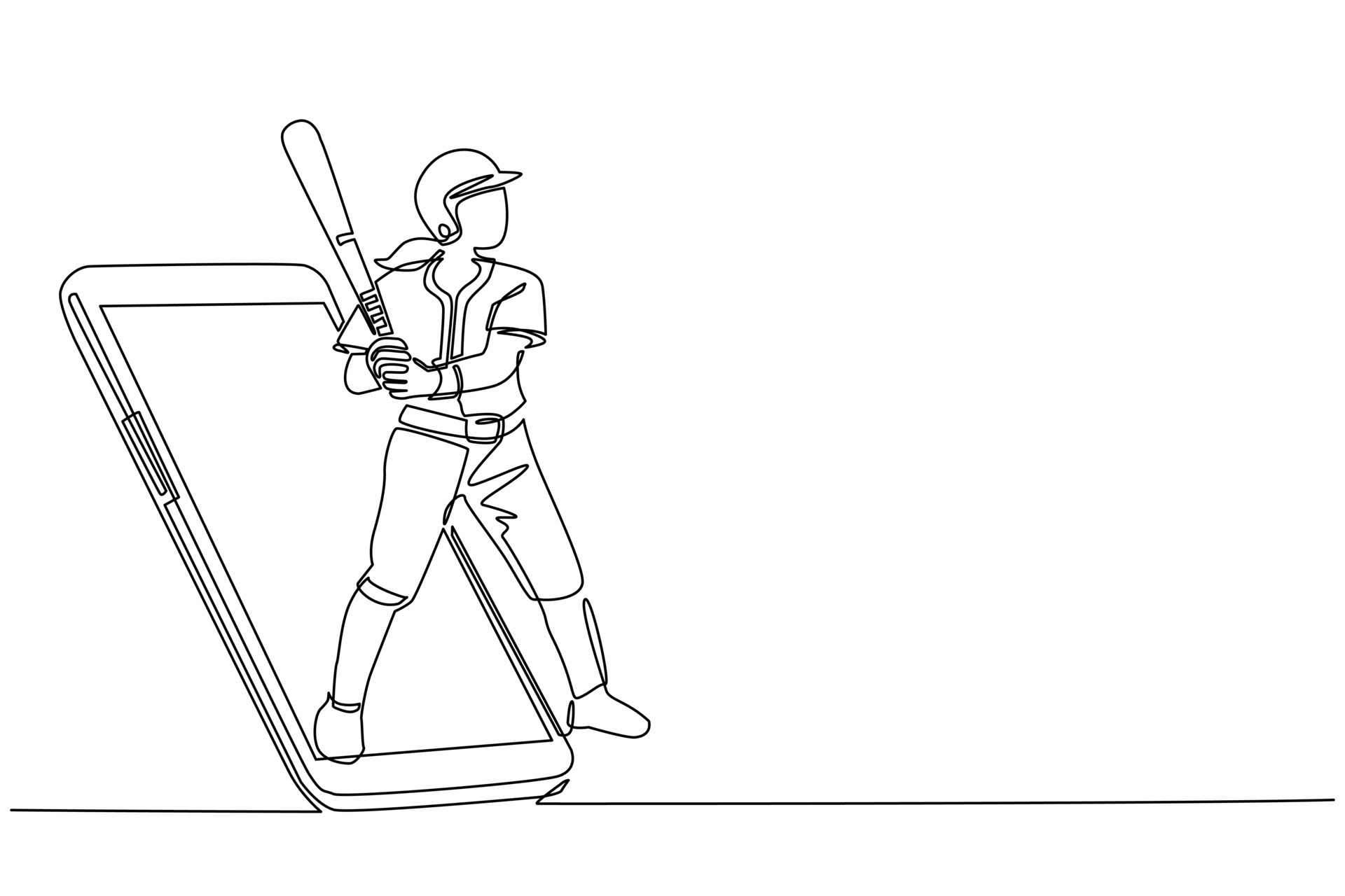 Continuous one line drawing woman baseball player ready to hit the ball getting out of smartphone screen. Mobile sports play matches