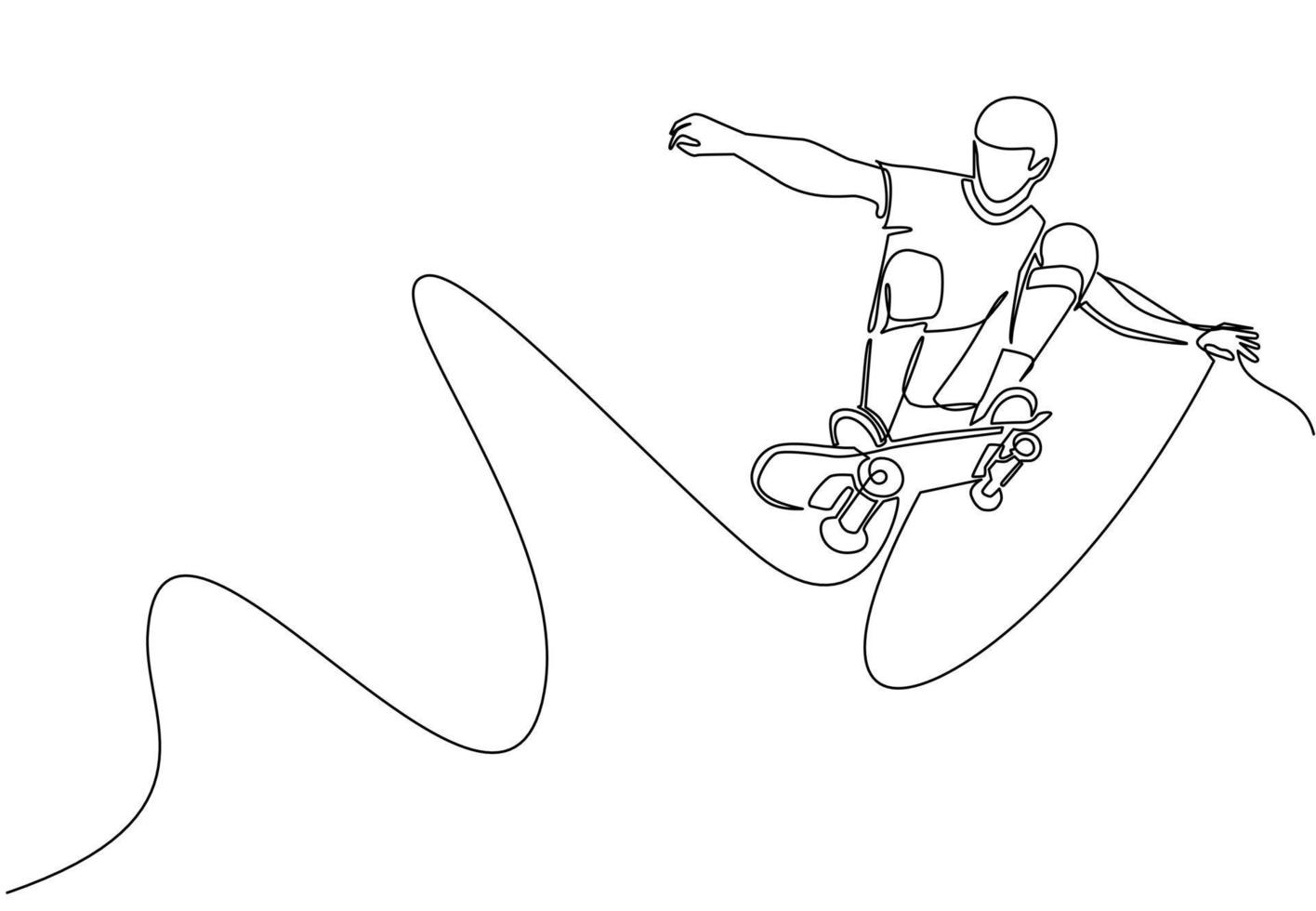 Single one line drawing young cool skateboarder man riding skateboard and doing a jump trick in skate park. Extreme teenager sport. Healthy sport lifestyle concept. Continuous line draw design vector