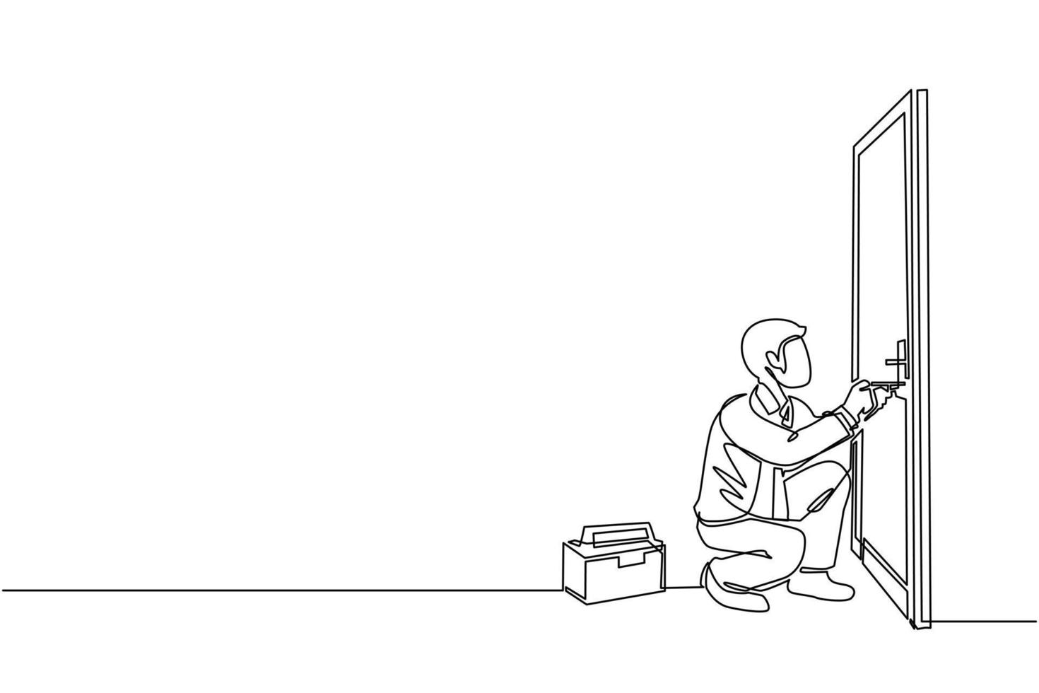 Continuous one line drawing businessman prying doorknob with