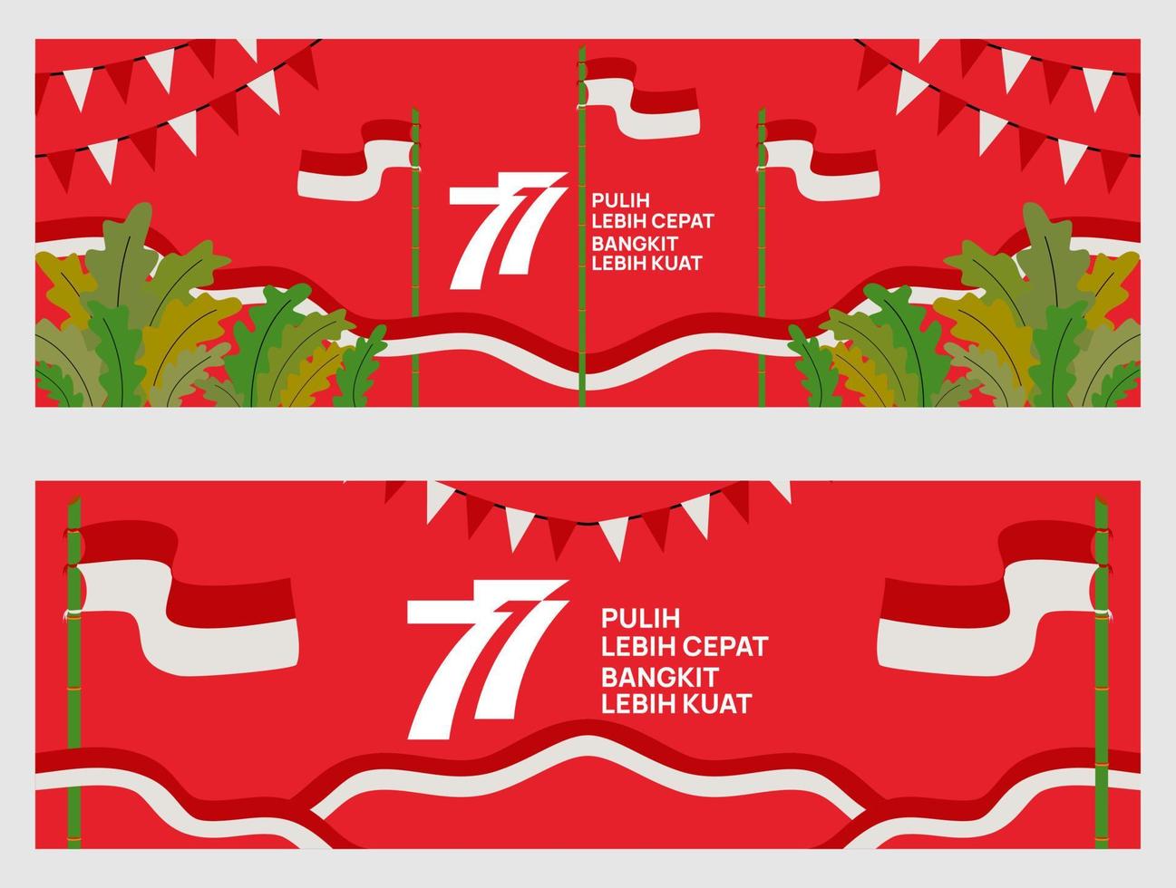 Indonesian Independence Day Banner Design 77th Years Decoration With Flags Waves and Petals. Suitable for banner, template in commemorate Independence Day. vector