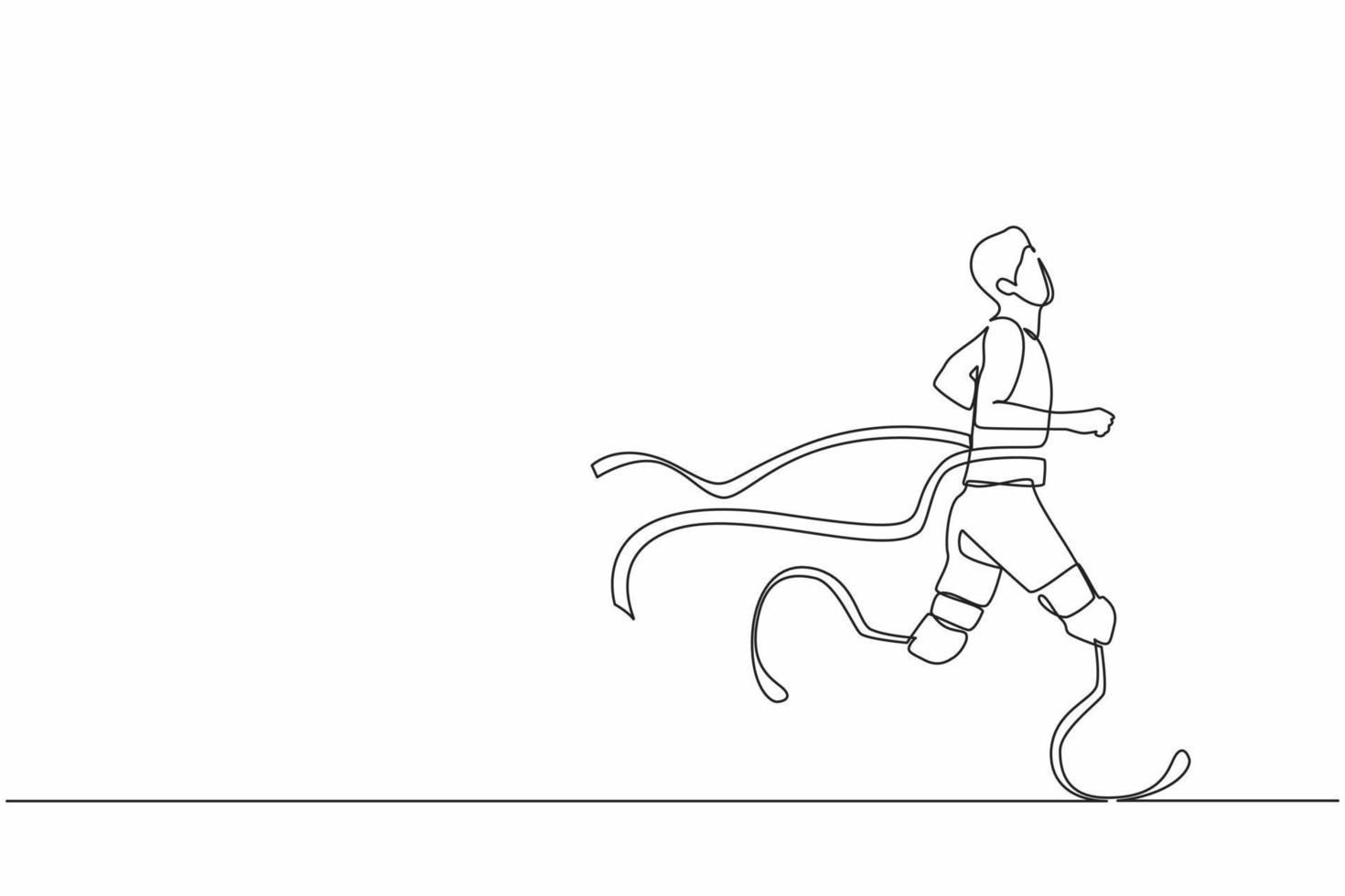 Continuous one line drawing young male athlete wins competition. Disabled sportsman with amputee crossing finish line. Sport, summer disability games, recovery. Single line draw design vector graphic