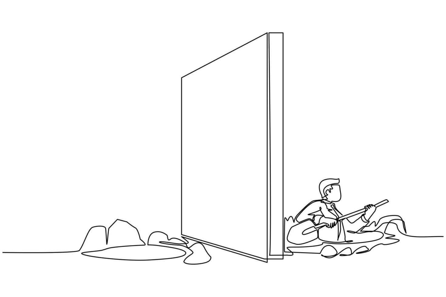 Single one line drawing businessman digging tunnel under wall or obstacle on border or on path to success. Starting new business company to reach goal. Continuous line draw design vector illustration