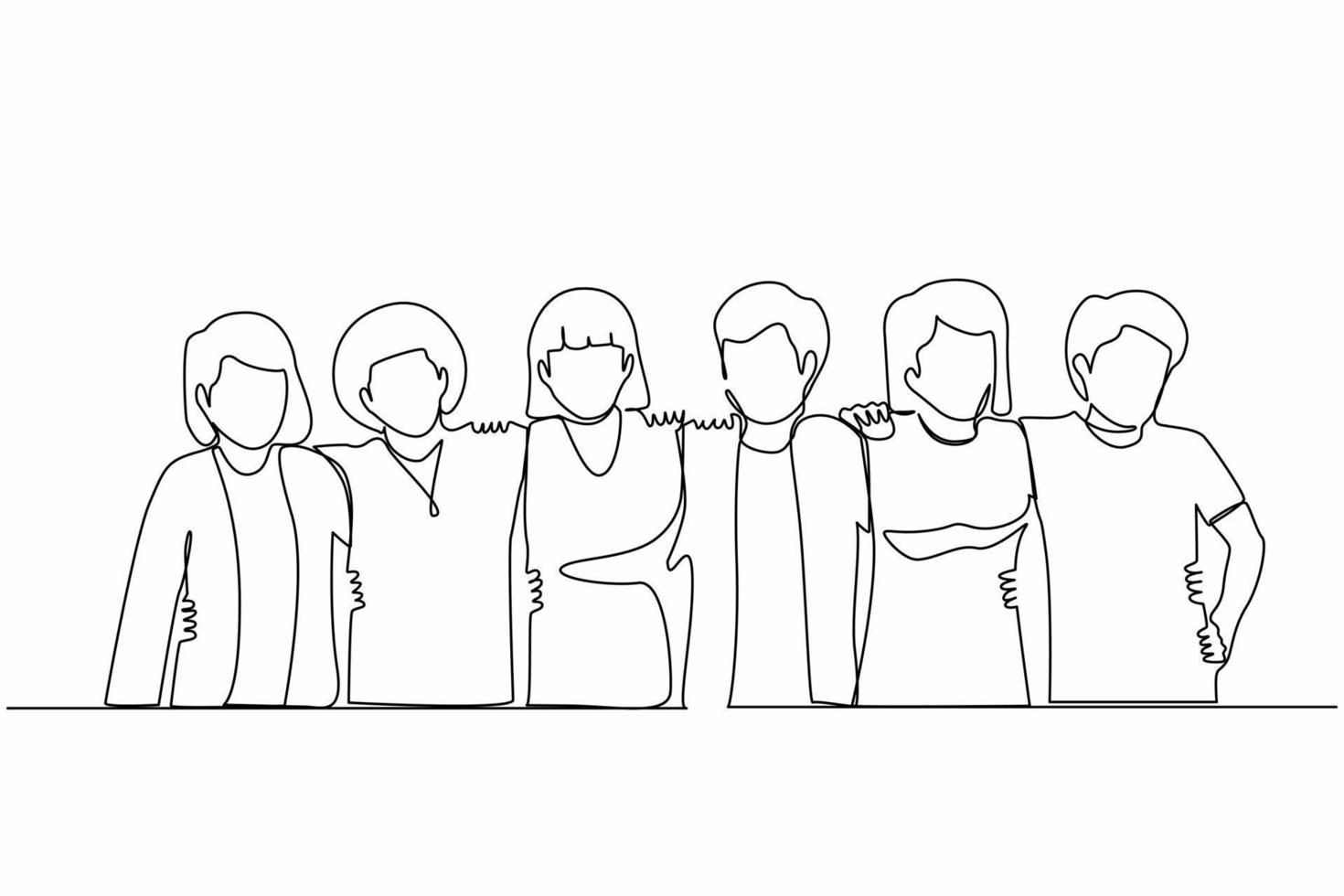 Continuous one line drawing friends forever. Hugging happy friendship with boys and girls standing together. Group of friends, men and women good relationships. Single line draw design vector graphic
