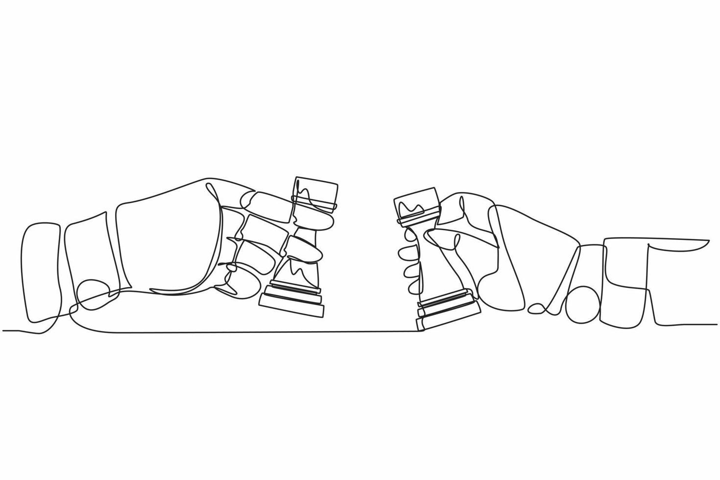 Single one line drawing robot hands holding rook chess piece and the other hand too. Future technology. Artificial intelligence and machine learning process. Continuous line draw design graphic vector
